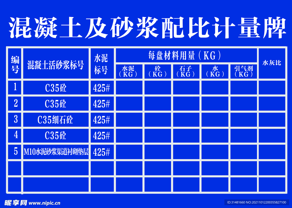 混凝土及砂浆配合比表