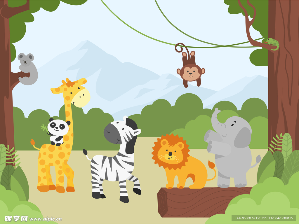 卡通动物 长颈鹿 猴子 斑马