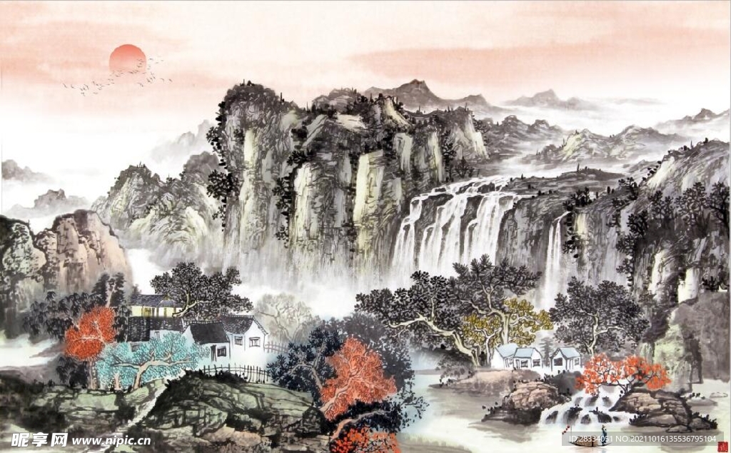 中式青绿瀑布山水国画电视背景墙