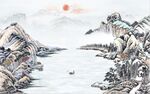 中式青绿瀑布山水国画电视背景墙