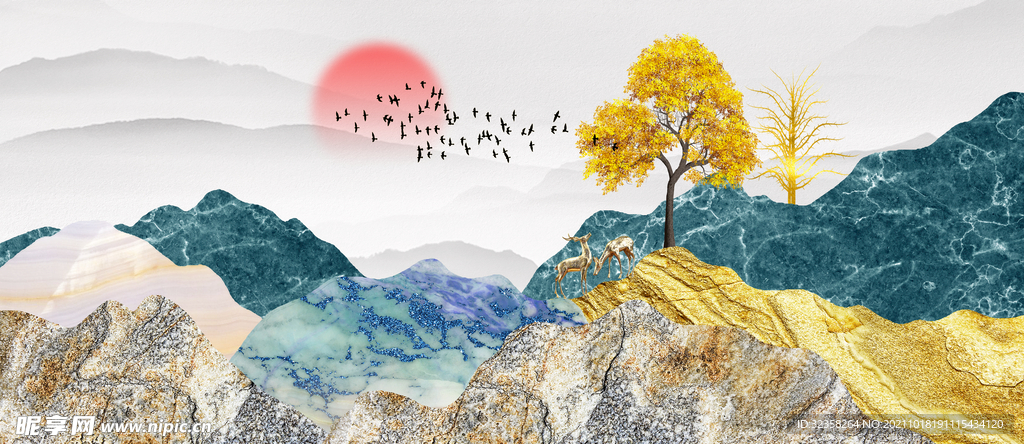 金色山水金箔装饰画