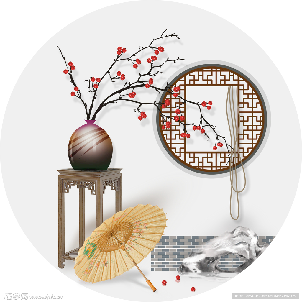 中式花瓶梅花花朵装饰画