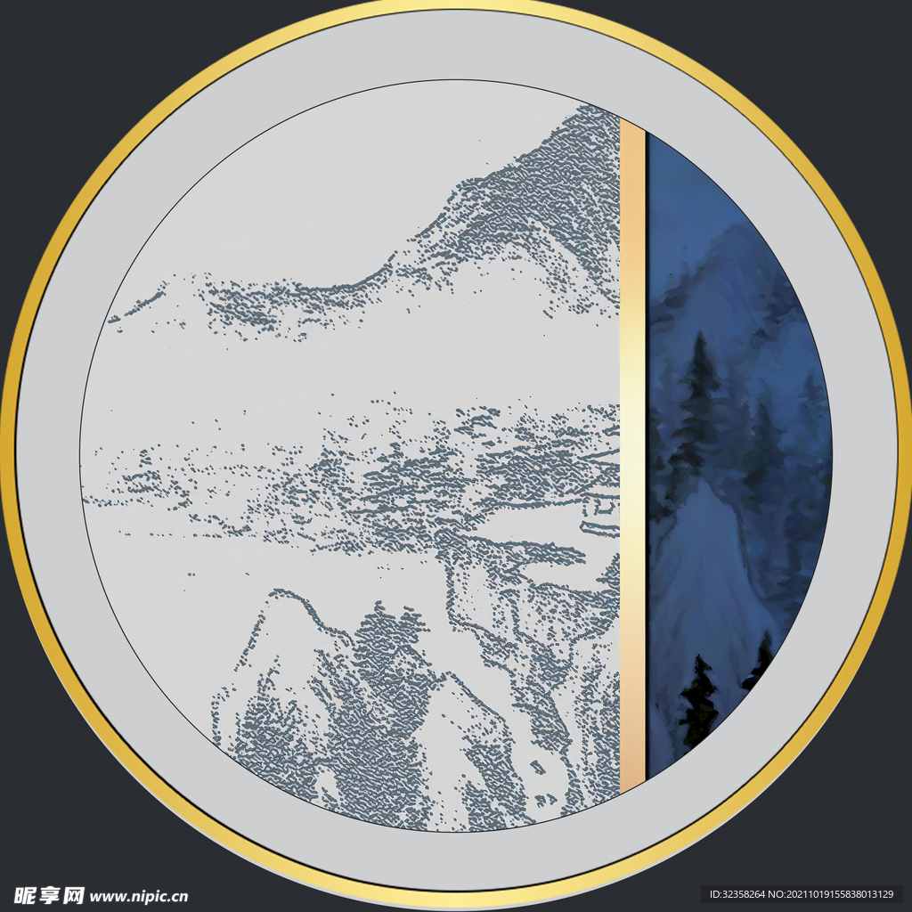 中式山水线条国画装饰画