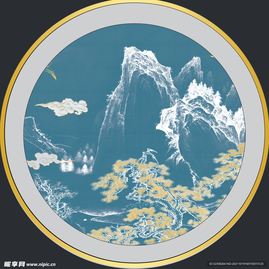 中式山水线条国画装饰画