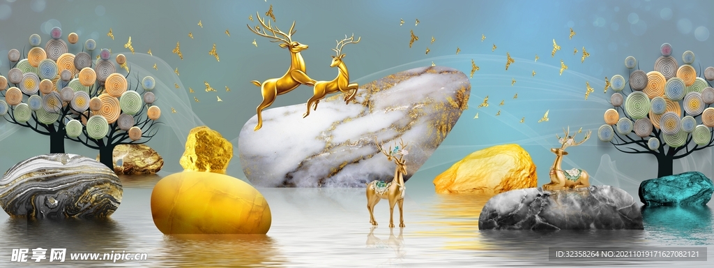 金色麋鹿山水发财鹿晶瓷画