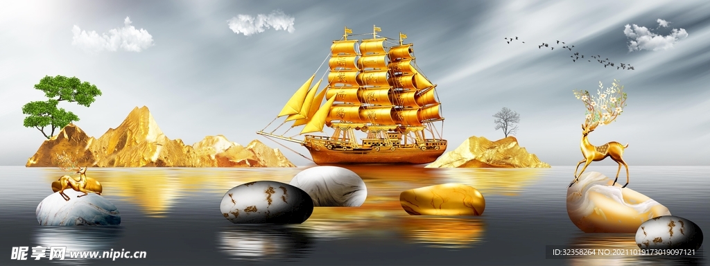 金色帆船一帆风顺麋鹿发财鹿晶瓷