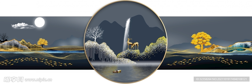 金色山水发财树装饰画