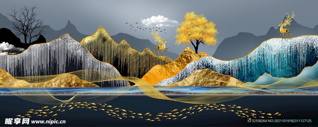 金色麋鹿发财鹿晶瓷画