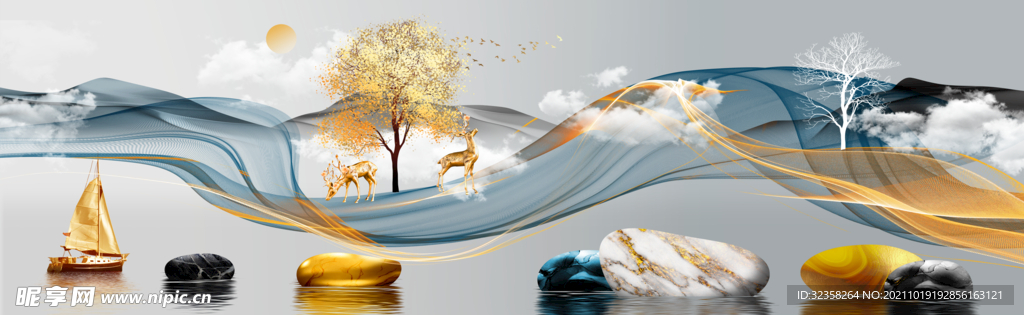 色麋鹿山水发财鹿装饰画