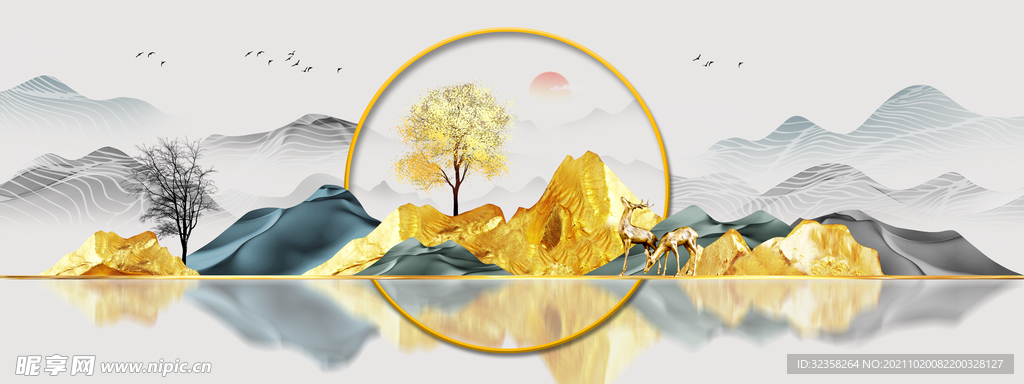 金色麋鹿山水发财鹿晶瓷画