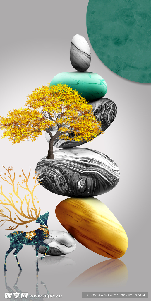 金色麋鹿石来运转发财鹿晶瓷画