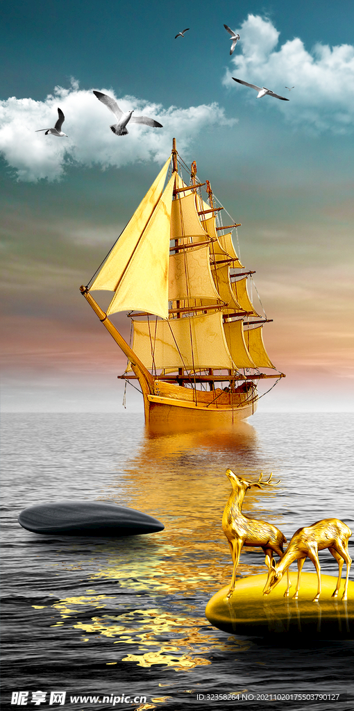 一帆风顺金色帆船装饰画