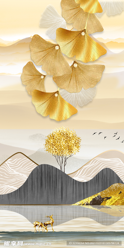 金色麋鹿发财鹿晶瓷画