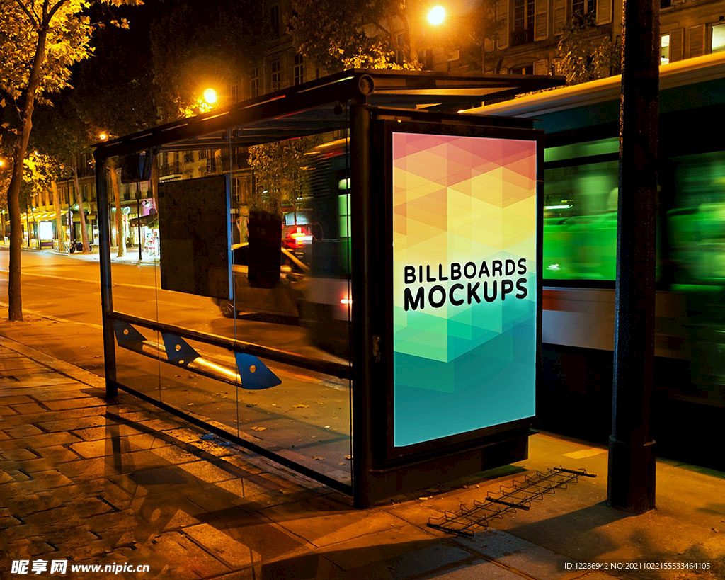  公交站户外夜间广告牌展示样机