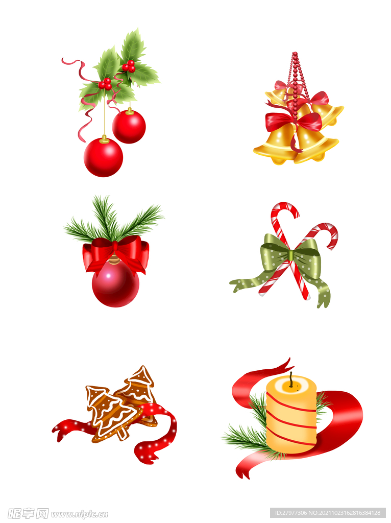 圣诞礼物铃铛彩条蝴蝶结元素套图