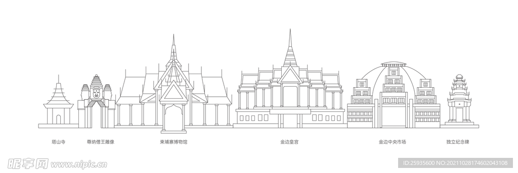 柬埔寨建筑图标线稿