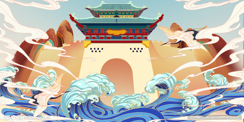 国潮建筑背景