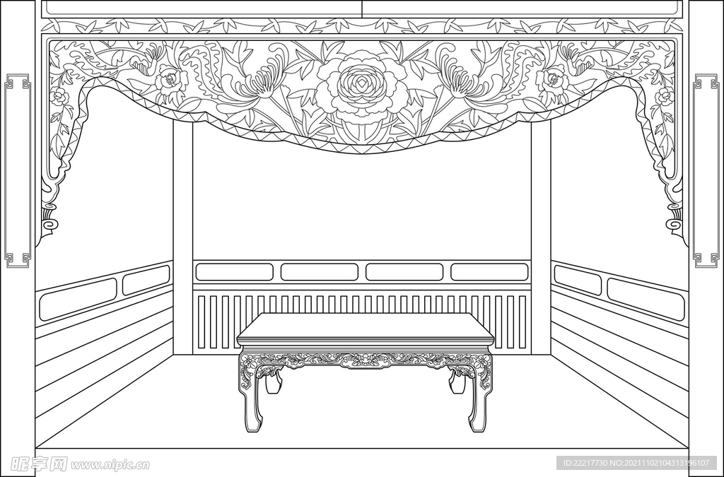 古代清朝家具床榻花纹炕桌线稿