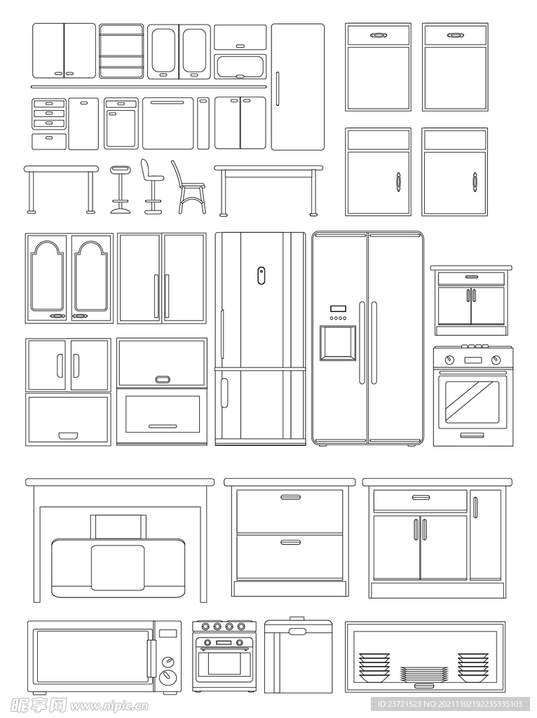 厨房烹饪工具厨房橱柜线描手绘卡