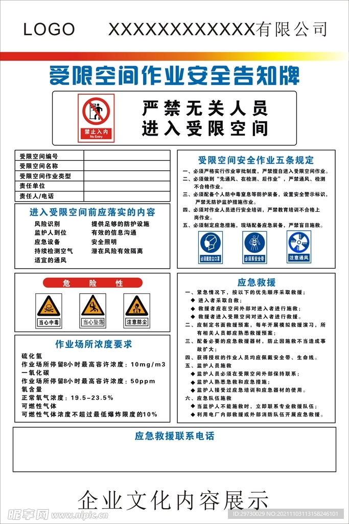 受限空间作业安全告知牌