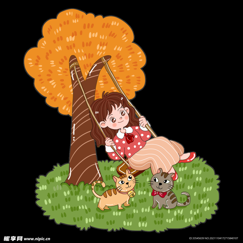 可爱卡通青春活力女孩荡秋千手绘