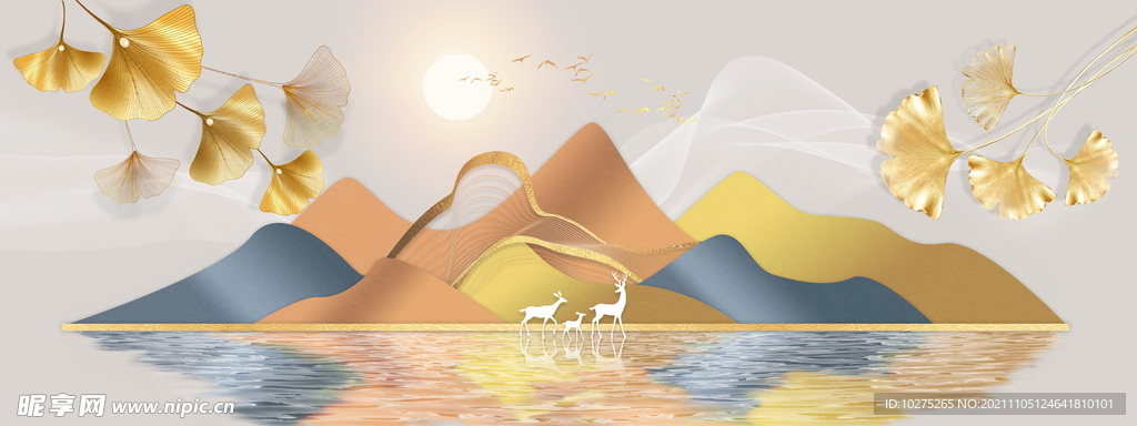 金色麋鹿山水发财鹿装饰画