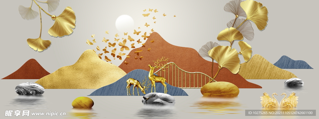 金色麋鹿山水发财鹿装饰画