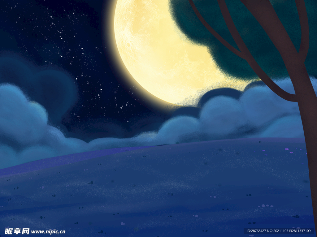 手绘插画夜色星空月亮