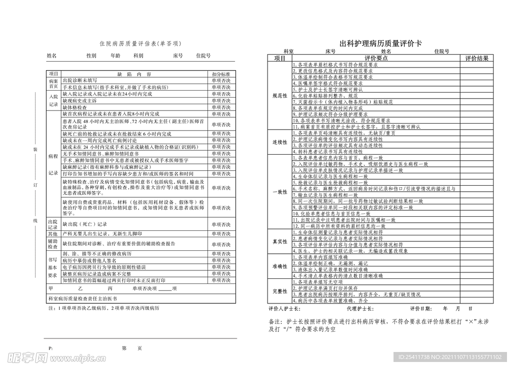 住院评估表 评价卡