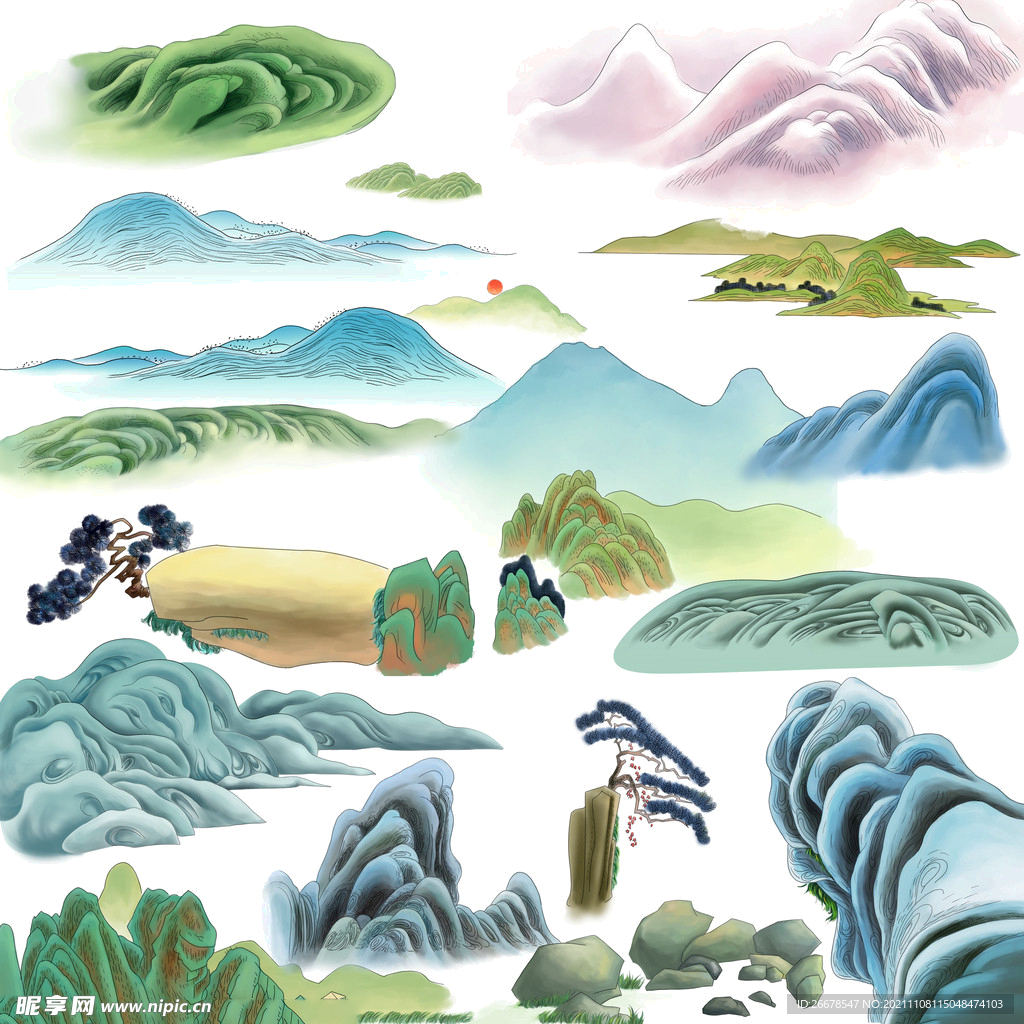 国风彩色山水