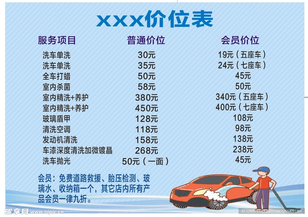 洗车价位表