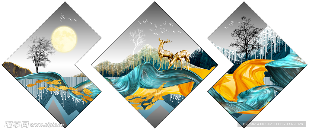 金色飘带麋鹿山水意境晶瓷画