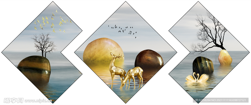 金色麋鹿山水意境晶瓷画