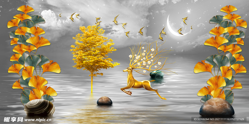 麋鹿山水意境银杏叶装饰画