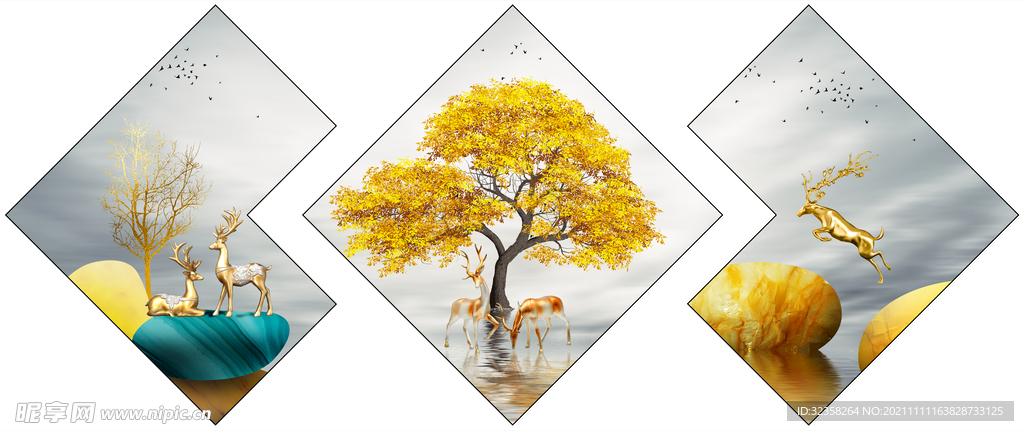 金色麋鹿山水意境晶瓷画