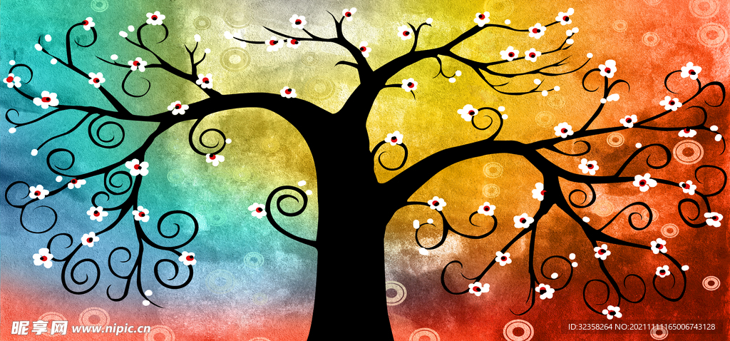 手绘发财树彩色装饰画
