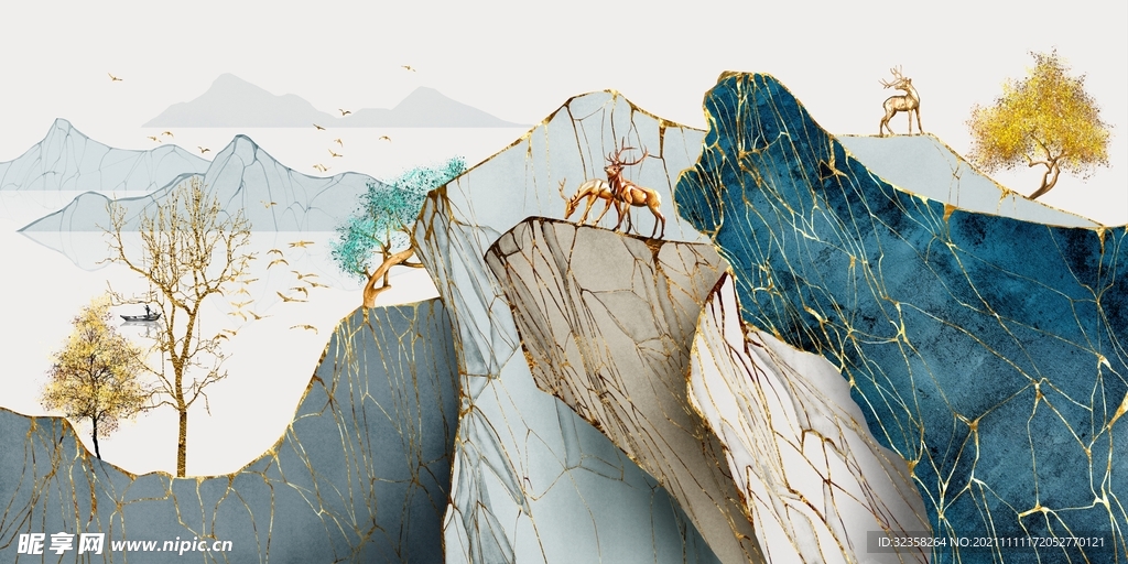 麋鹿山水意境晶瓷画
