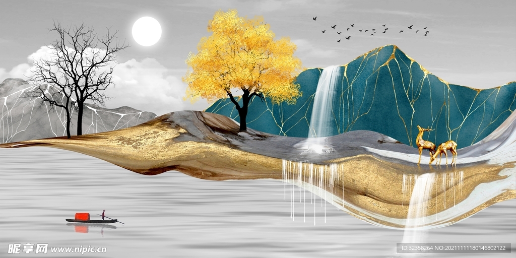 麋鹿山水意境晶瓷画
