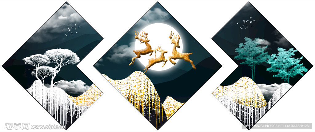 线条金色麋鹿山水意境晶瓷画