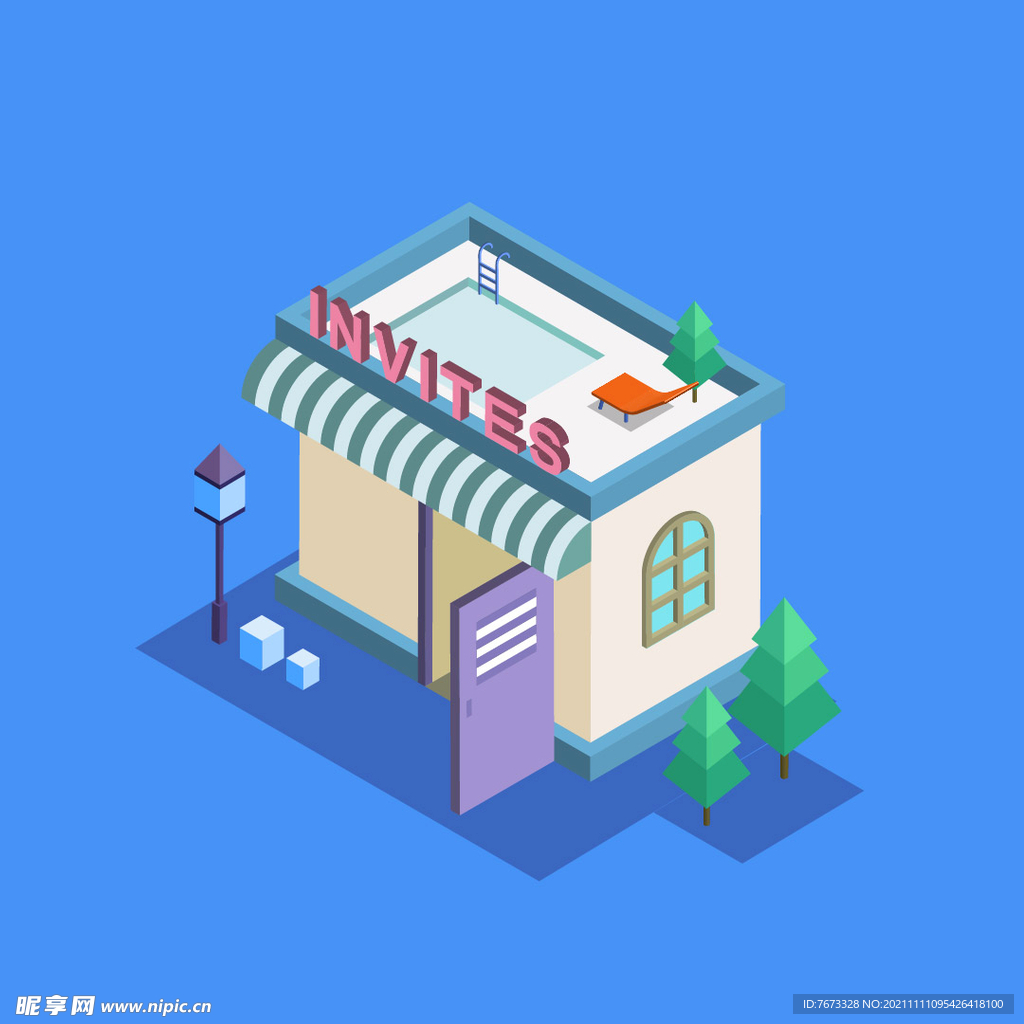商店 路灯 水池 椅子 松树 