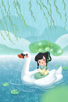 湖面天鹅小女孩卡通插画