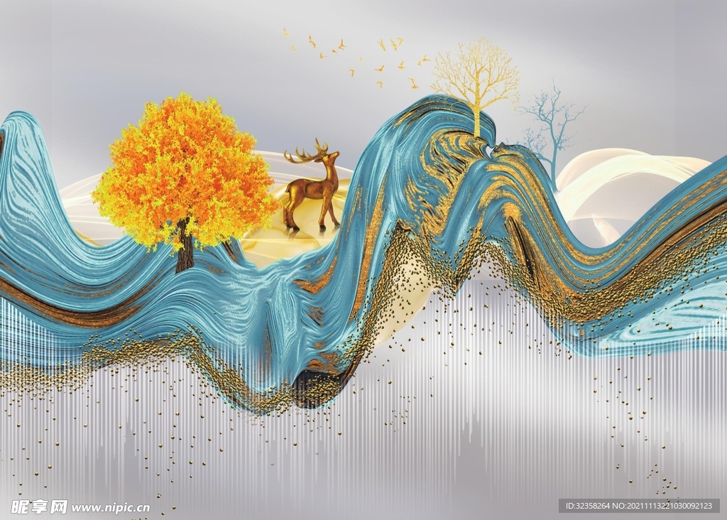 麋鹿意境山水装饰画