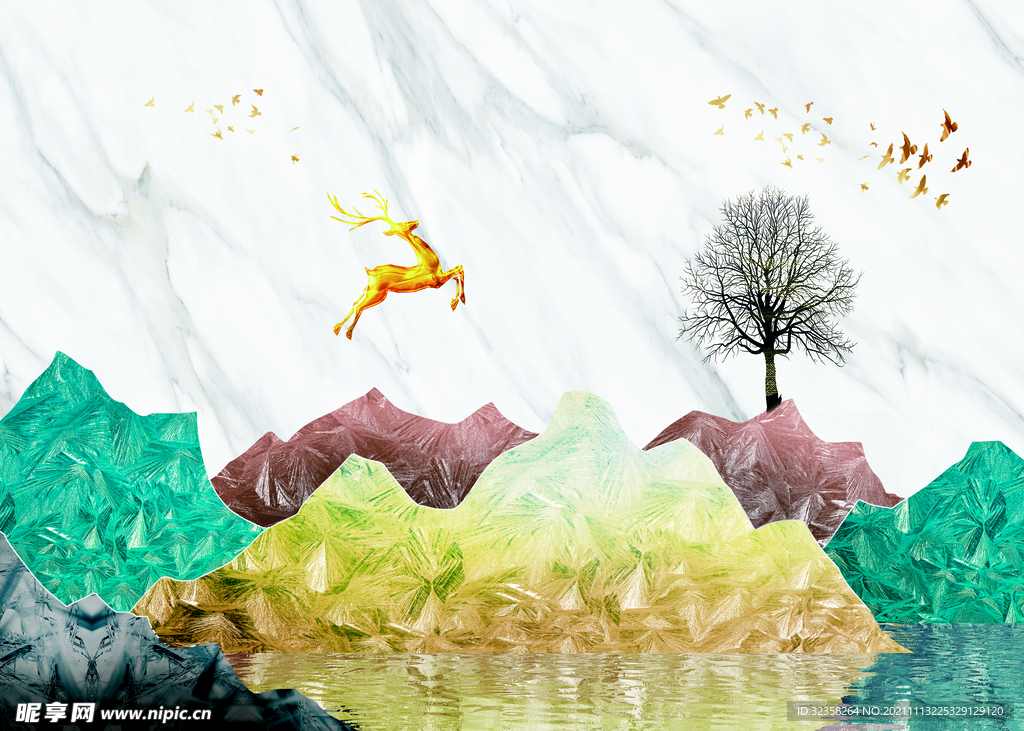麋鹿意境金箔山水装饰画