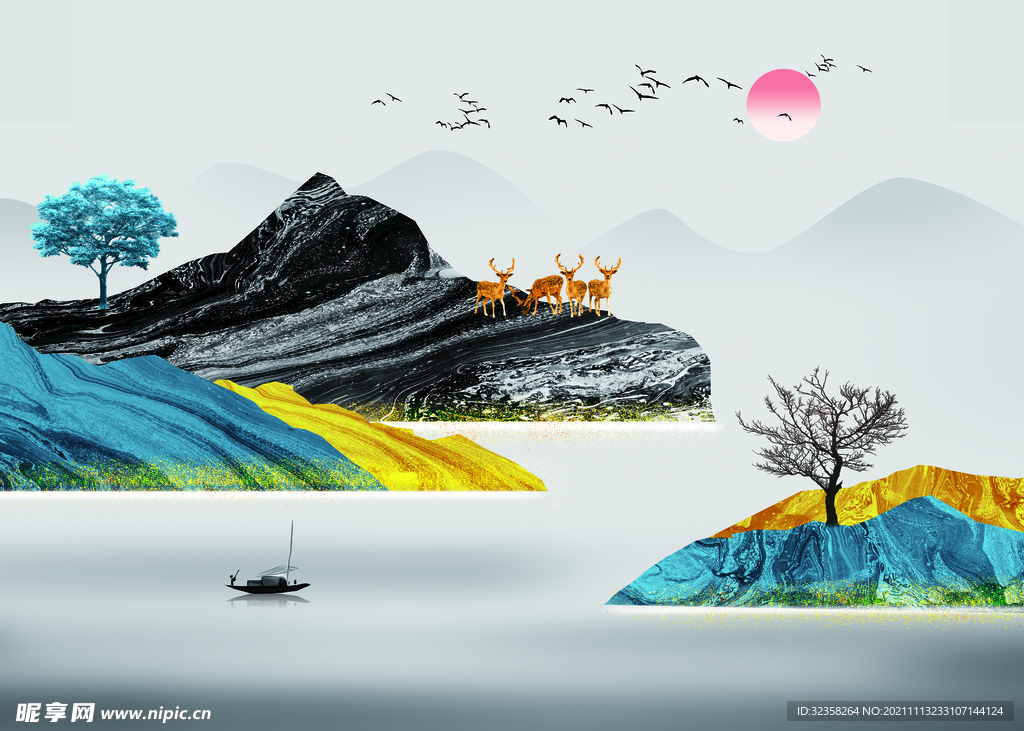 麋鹿意境山水装饰画