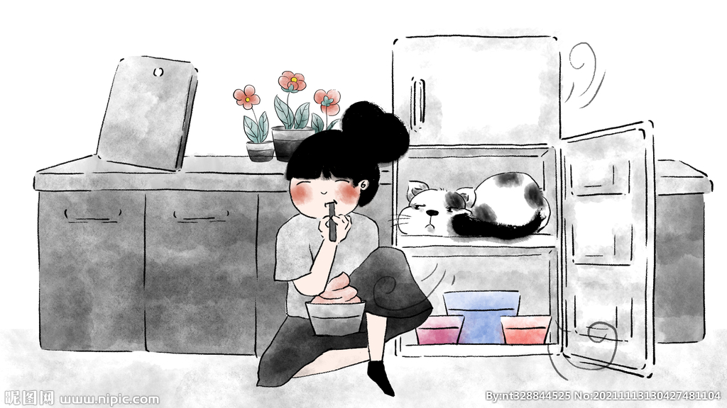 夏天冰箱猫女孩插画