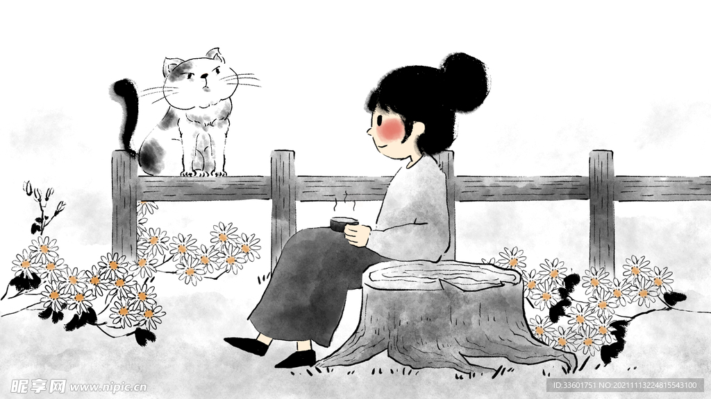 菊花女孩猫插画