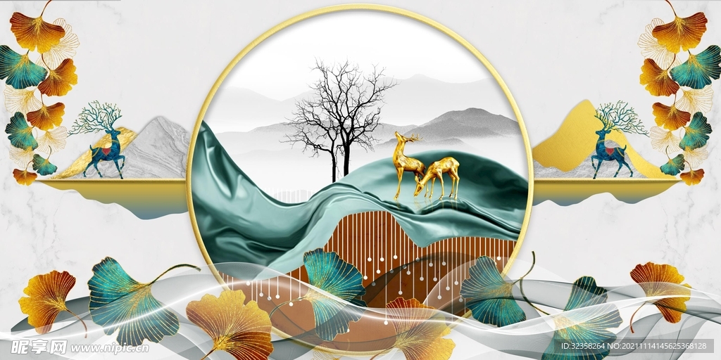 金色银杏叶麋鹿意境山水装饰画