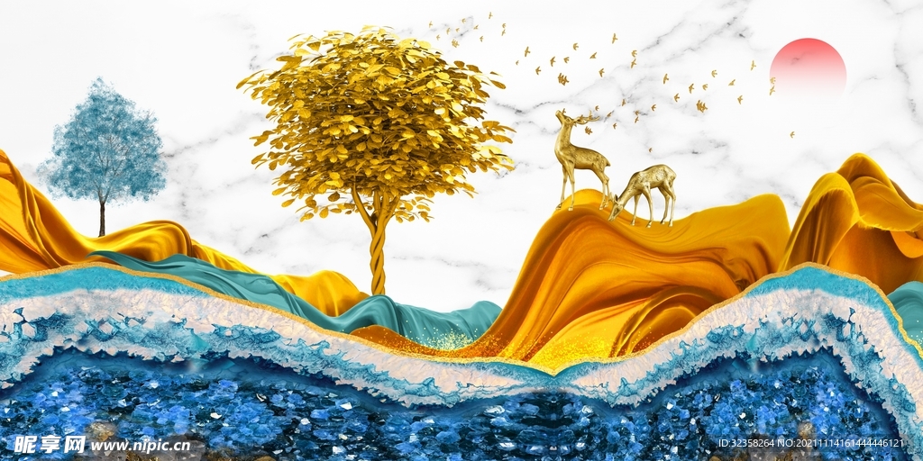 飘带麋鹿山水意境金色晶瓷画