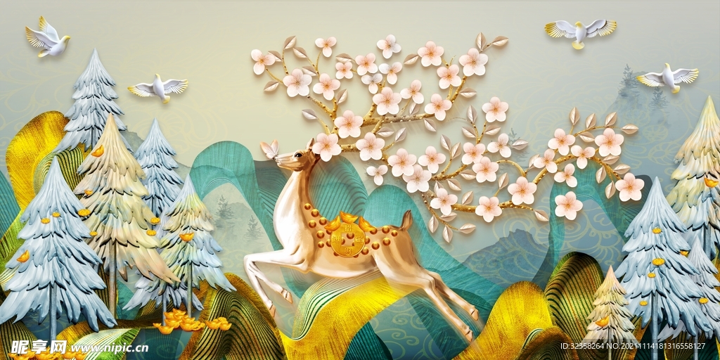 金色麋鹿发财树装饰画