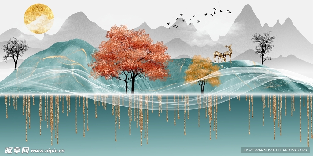 线条麋鹿意境山水装饰画
